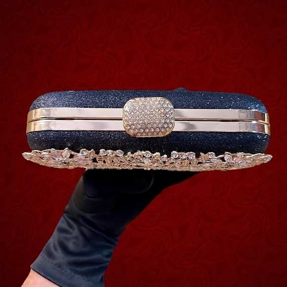 Crystal Rhinestone Embellished Black Evening Bag w/Handle & Chain Strap NWT - Picture 3 of 16